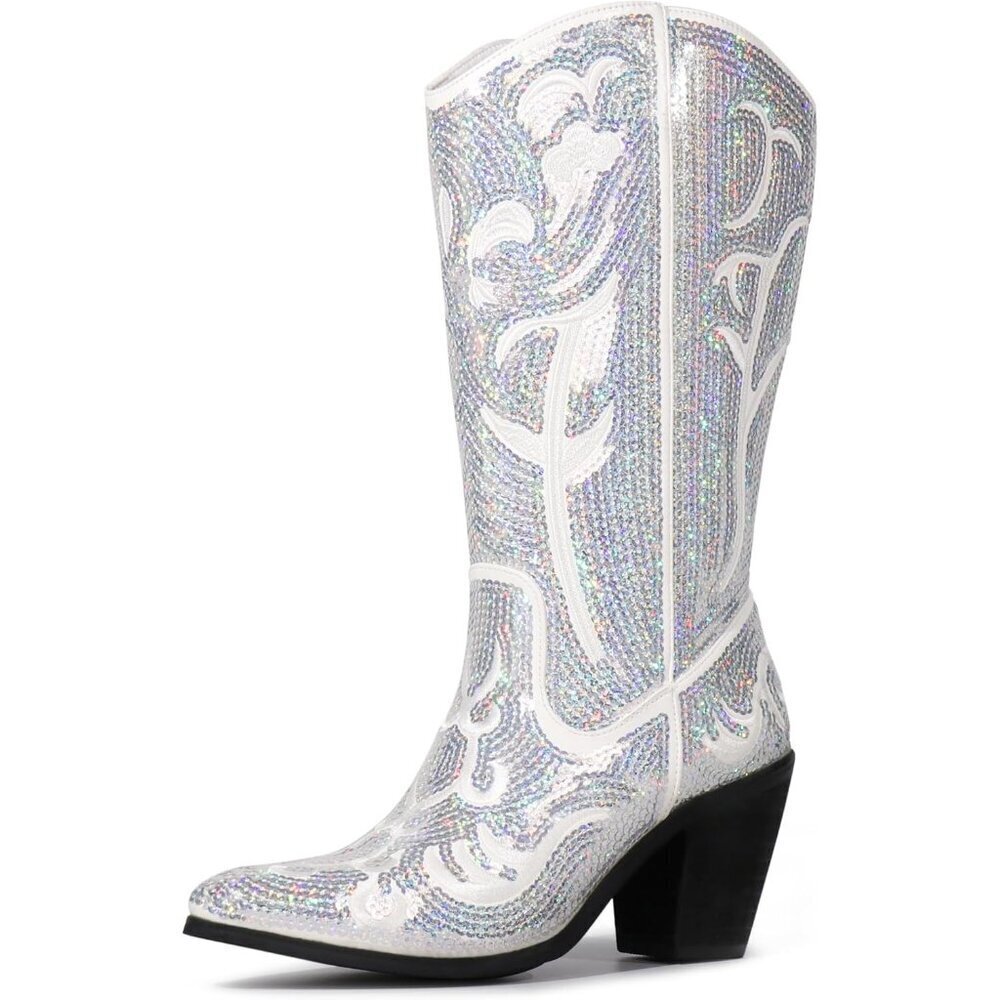 Womens White  Sequin Mid Calf Western Wide Calf High Fashion Pointed Toe Boots